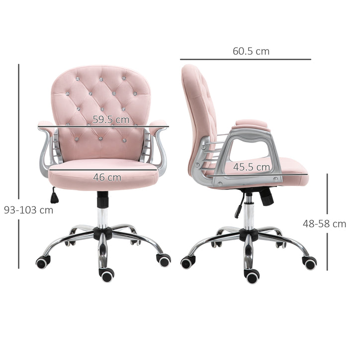 Ergonomic 360° Swivel Office Chair - Diamond Tufted Design, Velour Padded Seat, 5 Castor Wheels - Comfortable Home Work Seating in Pink