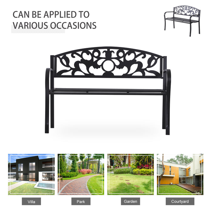 2-Seater Garden Metal Bench - Outdoor Patio, Park and Yard Seating Furniture in Black - Comfortable Porch Chair for Relaxation, 128L x 91H x 50W cm