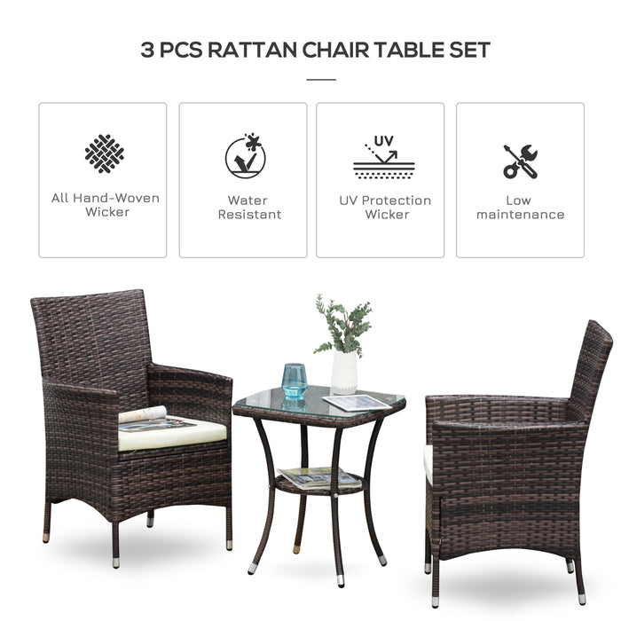 Rattan Garden Bistro Set - 3-Piece Woven Patio Furniture with Chairs and Table - Ideal for Outdoor Dining and Conservatory Spaces (Brown)