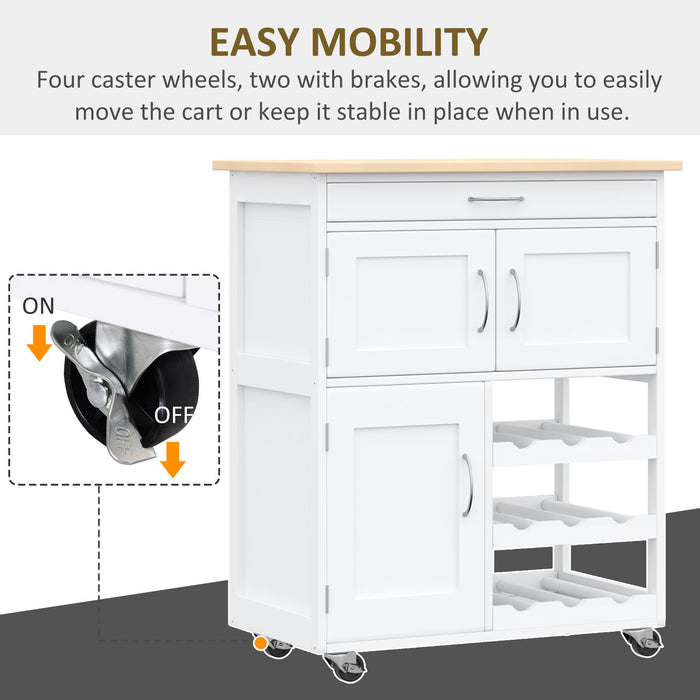 Modern Rolling Kitchen Trolley - Island Storage Cart with Drawer, Wine Rack, Cabinets, Wooden Countertop - Space-Saving Organizer for Home Chefs