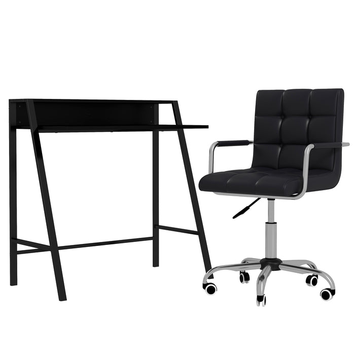 Home Office Furniture Combo - Ergonomic Faux Leather Swivel Chair and Study Desk with Built-in Shelf - Ideal for Remote Work and Study Spaces