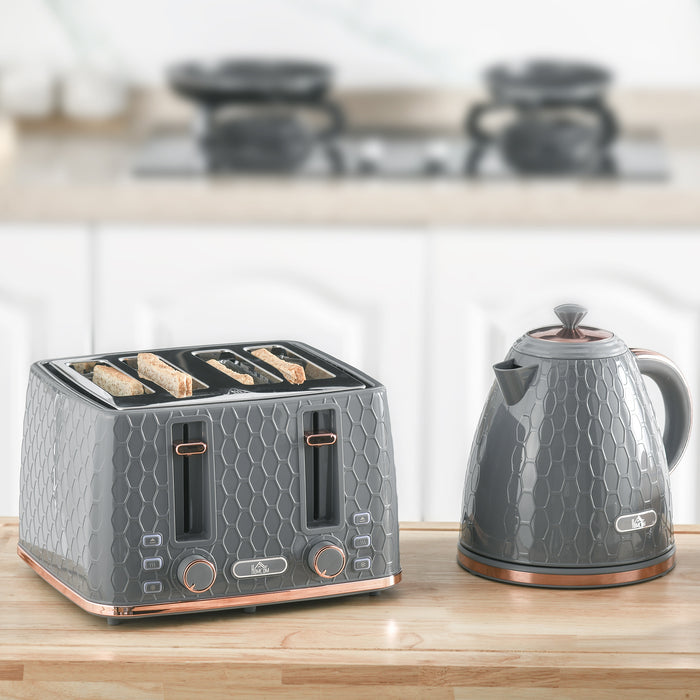 1.7L 3000W Fast Boil Kettle & 4-Slice Toaster Combo - Adjustable 7 Settings & Crumb Tray - Efficient Kitchen Breakfast Set in Sleek Grey