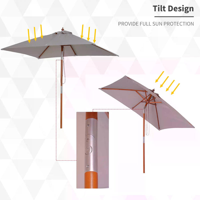 Extra Large Grey Patio Sun Umbrella - 2m x 1.5m Canopy, Fir Wooden Pole, 6 Ribs, Tilt Mechanism - Ideal for Garden, Backyard Shade & Outdoor Comfort