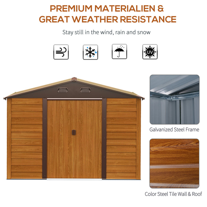 Metal Apex Garden Storage Shed - 9x6.5 ft, Brown Wood Grain, Foundation & Ventilation Included - Outdoor Tool and Equipment Organizer