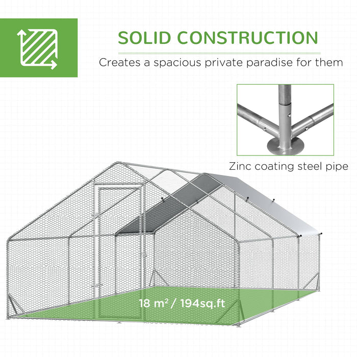 Galvanised Walk In Chicken Enclosure - Durable 6x3x2m Run with Weatherproof Cover, Silver - Ideal for Backyard Poultry Safety and Space