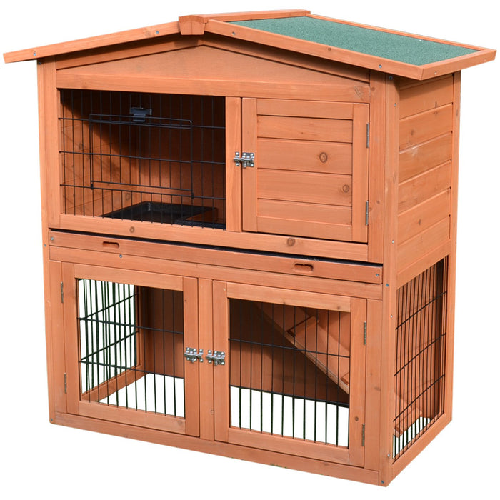 2-Tier Hutch for Rabbits & Guinea Pigs - Indoor/Outdoor Pet Cage with Ramp & Slide-Out Tray - Spacious Comfort for Small Animals