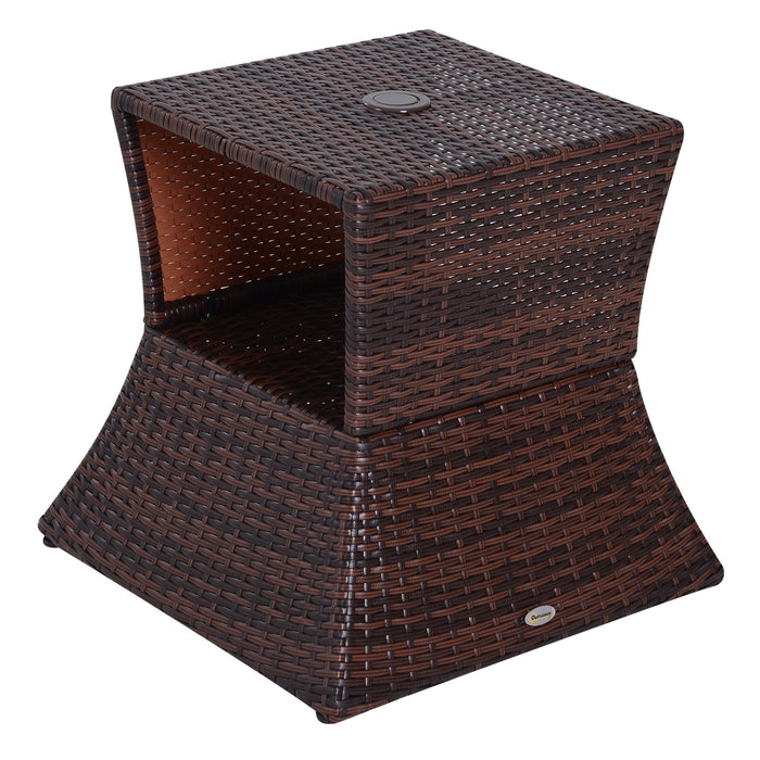 Rattan Wicker Bistro Coffee Table with Umbrella Hole - Outdoor Patio Side Storage Table, Brown - Ideal for Deck, Garden, and Poolside Entertaining