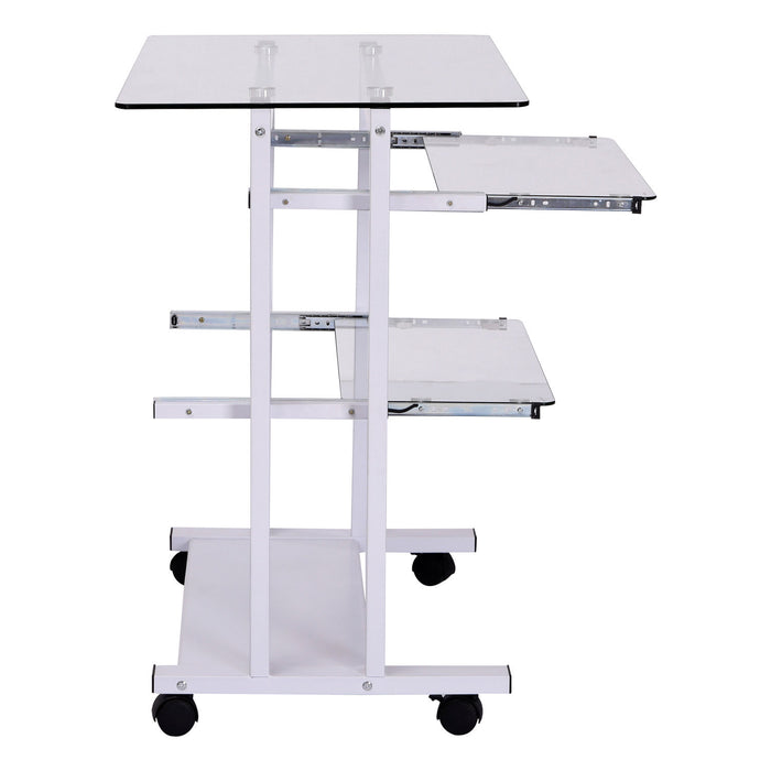 Mobile Glass Computer Desk - Wheeled Laptop Workstation with Sleek White Finish - Ideal for Home Office and Small Spaces