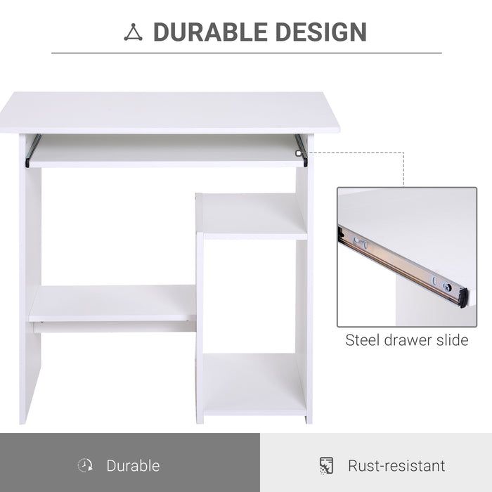 Modern White Wooden Office Desk - Corner Table with Keyboard Tray and Storage Shelf - Ideal for Home Office Organization