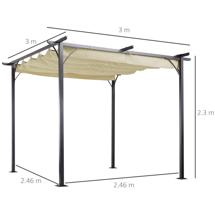 Metal Pergola Gazebo with Retractable Canopy - 3x3m Durable Outdoor Sun Shade Shelter, Beige - Ideal for Garden, Marquee Parties & BBQ Gatherings