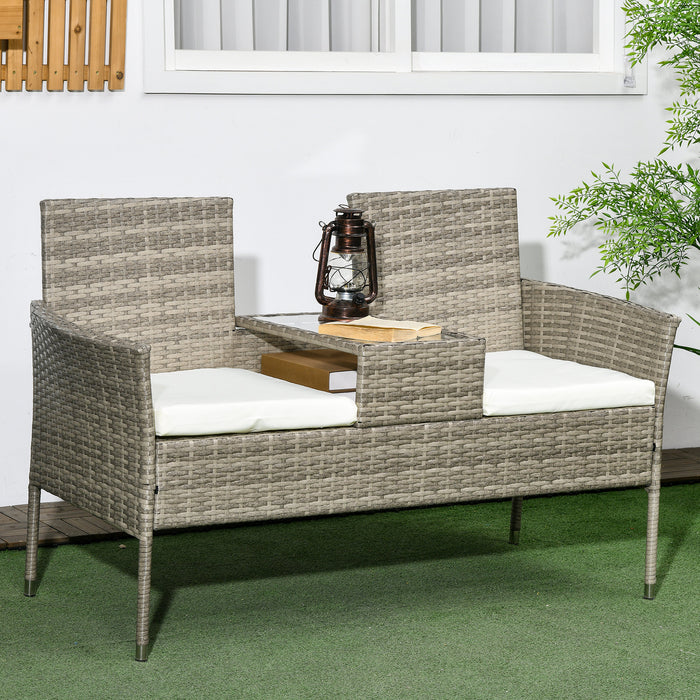 Rattan Twin-Seater Lounge Chair with Central Connecting Table - Elegant Grey Finish - Perfect for Patio and Couples Cozy Seating