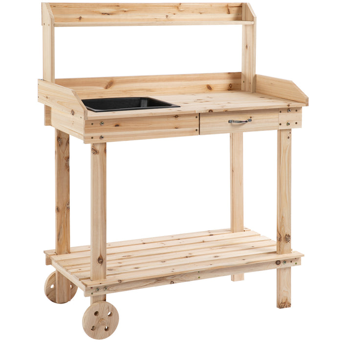 Outdoor Garden Potting Bench - Wooden Work Station with Wheels, Sink, Drawer & Ample Storage - Ideal for Gardeners & Planting Enthusiasts