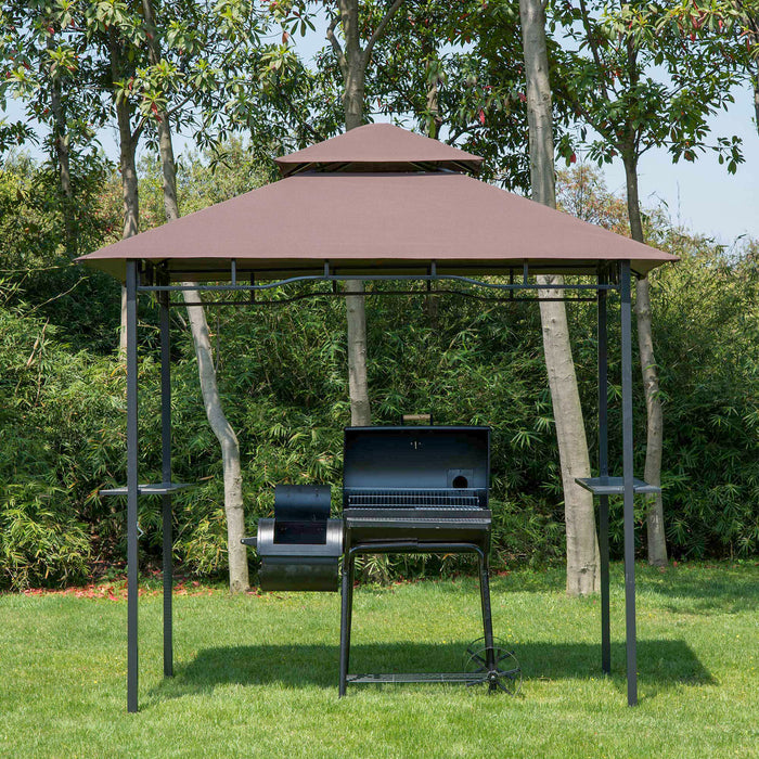 Double-Tier 8ft BBQ Gazebo - Outdoor Grill Canopy Shelter with Ventilated Top - Patio and Deck Barbecue Tent for Home Entertainment, Coffee Color