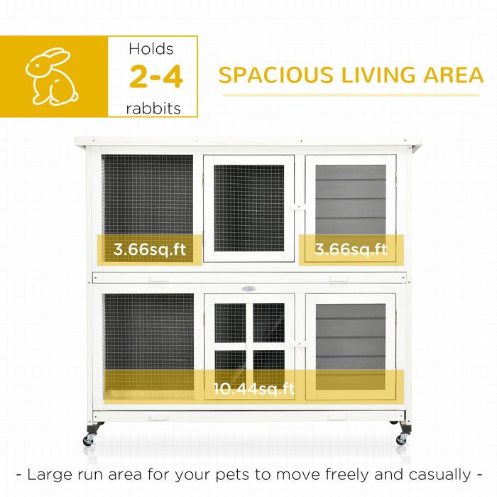 Wooden Rabbit Hutch on Wheels - Spacious Guinea Pig Cage with Slide-out Trays for Easy Cleaning - Ideal Small Animal House for Indoor & Outdoor Use, 119x50.5x109cm, Grey