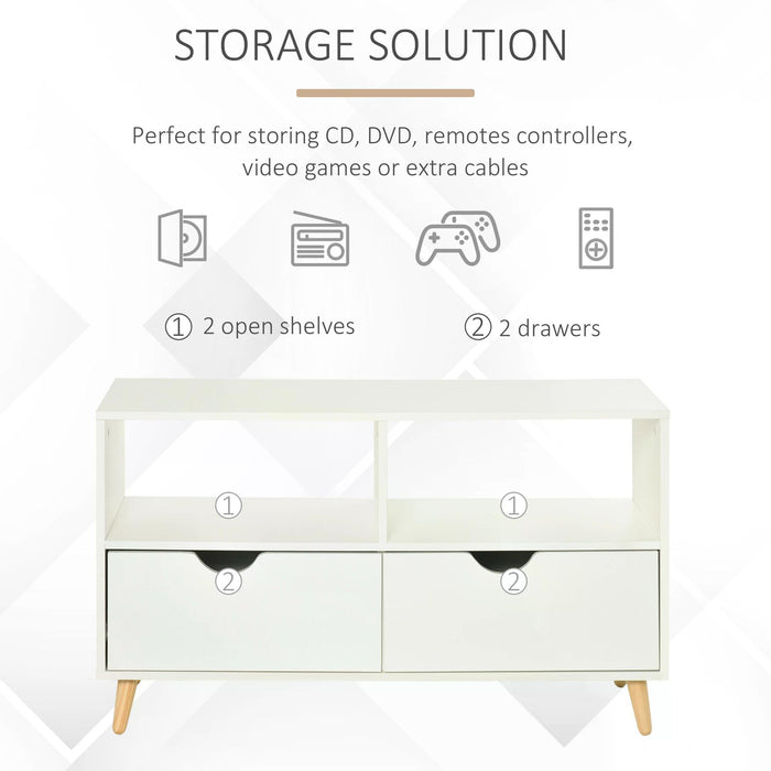 Modern White TV Stand - Shelving & Drawer Storage Media Entertainment Center - Sleek Design for Living Room Organization