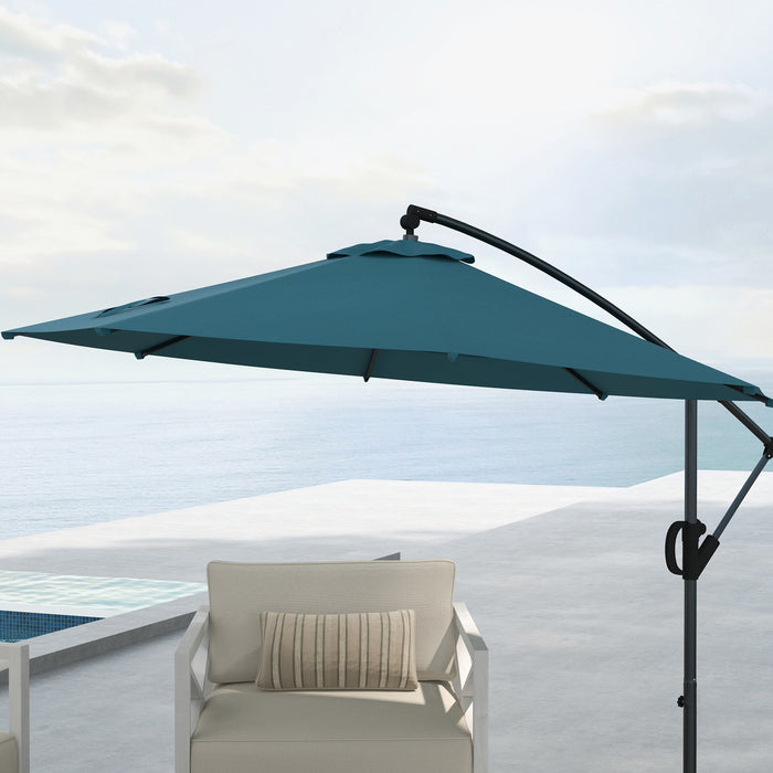 Cantilever 3m Banana Parasol with Cross Base - Round Hanging Patio Umbrella with Crank Handle, Tilt, and 8 Ribs - Ideal Shade for Outdoor Pool, Garden, Balcony in Blue