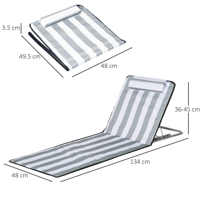 Foldable Garden Beach Chair Mat with Adjustable Back - Lightweight, Metal Frame, PE Fabric, Head Pillow, Set of 2, Light Grey - Perfect for Outdoor Lounging and Sunbathing