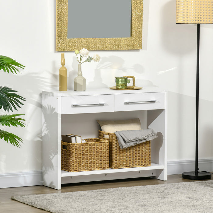 Contemporary White Console Table with Storage Shelf and Drawer - Elegant Hallway and Living Room Furniture - Ideal for Organized Entryways