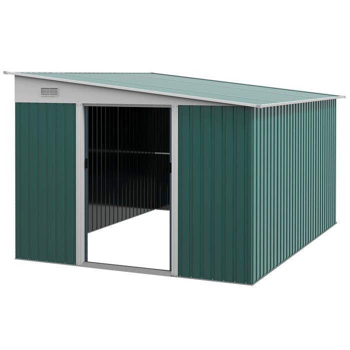 Outdoor Metal Tool Shed - Double Sliding Doors, Twin Air Vents, Spacious 11.3x9.2 ft - Ideal Garden Storage Solution in Green