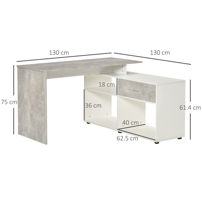 L-Shaped Workstation with Shelves and Drawer - Grey and White Home Office Corner Computer Desk - Ideal for Space Saving and Study Environments