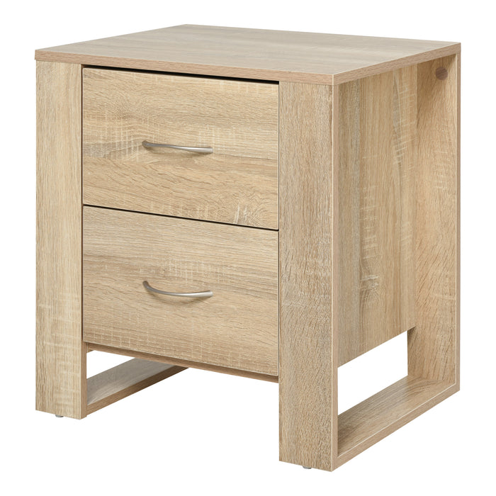 Modern 2-Drawer Oak Brown Bedside Table with Handles and Elevated Base - Contemporary Nightstand with Melamine Finish and Bedroom Storage Solutions - Ideal for Organizing Sleep Space Essentials