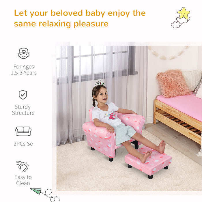 Kids' Mini Sofa Armchair with Footrest - Sturdy Wood Frame and Anti-Slip Legs, High Back, Pink Cloud and Star Design - Perfect for Bedroom or Playroom Furniture