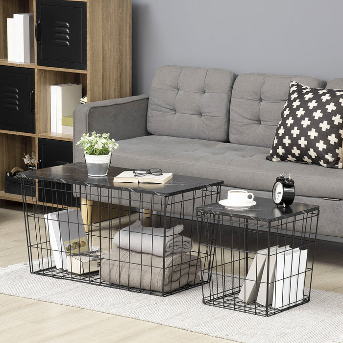 Wire Basket Side Table Duo - Faux Marble Top End & Coffee Table Set for Living Room and Bedroom - Space-Saving Accent Furniture with Storage