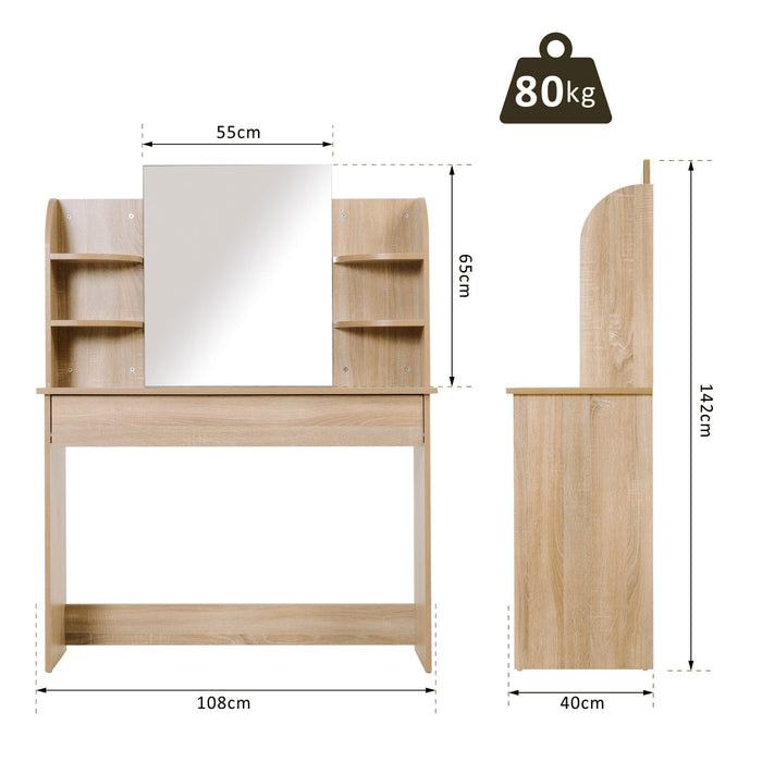 Oak-Toned Particle Board Dressing Table with Glass Mirror - Built-in Shelves for Convenient Storage - Ideal for Bedroom Organization and Style