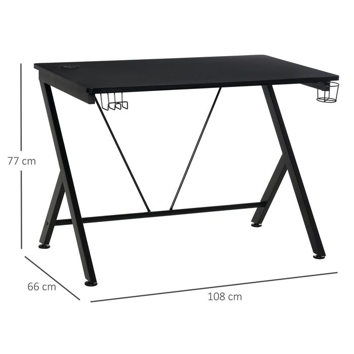 Gaming Desk with Sturdy Metal Frame - Ergonomic Computer Table with Cup Holder, Headphone Hook & Cable Management - Ideal for Gamers and Home Office Use