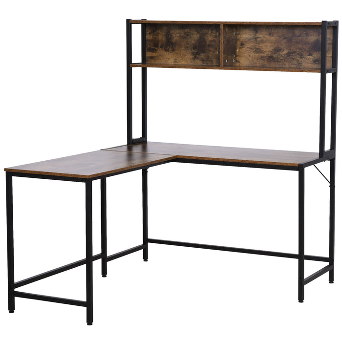 Industrial Corner Desk with Storage Shelves - L-Shaped Workstation with Steel Frame and Adjustable Feet - Home Office Study Furniture in Stylish Brown and Black