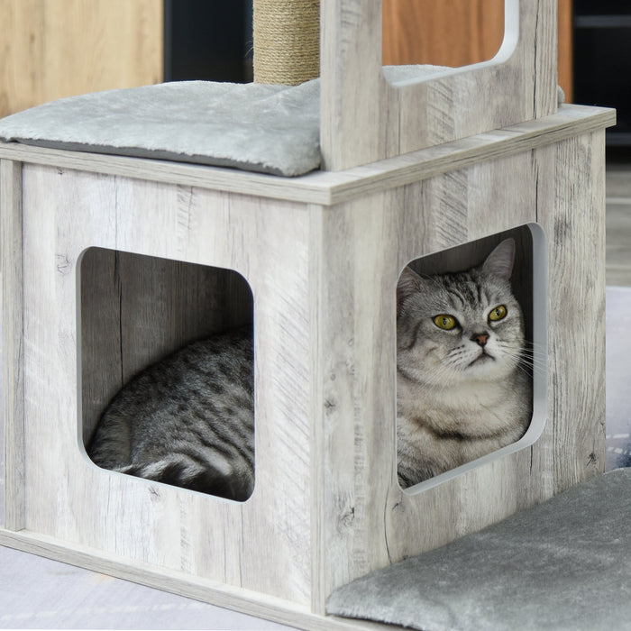 Large Cat Tower with Jute Scratching Post and Condo - 114cm Multi-Level Play House and Activity Center for Indoor Cats - Sturdy Furniture for Kittens in Grey