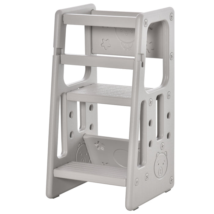 Toddler Kitchen Helper Stool - Adjustable 3-Level Standing Platform for Kids - Counter Height Learning Tower in Grey