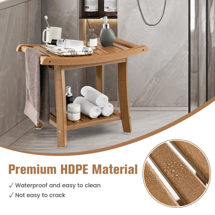 HDPE Waterproof Bench - 2-Tier Brown Shower Bench with Curved Seat - Ideal for Comfortable Bathroom Seating