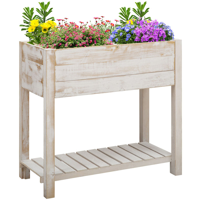 Elevated 2-Tier Wooden Planter Bed with 4 Pockets - Sturdy Raised Garden Box for Vegetables, Flowers, and Herbs - Ideal for Backyard and Patio Gardening in White