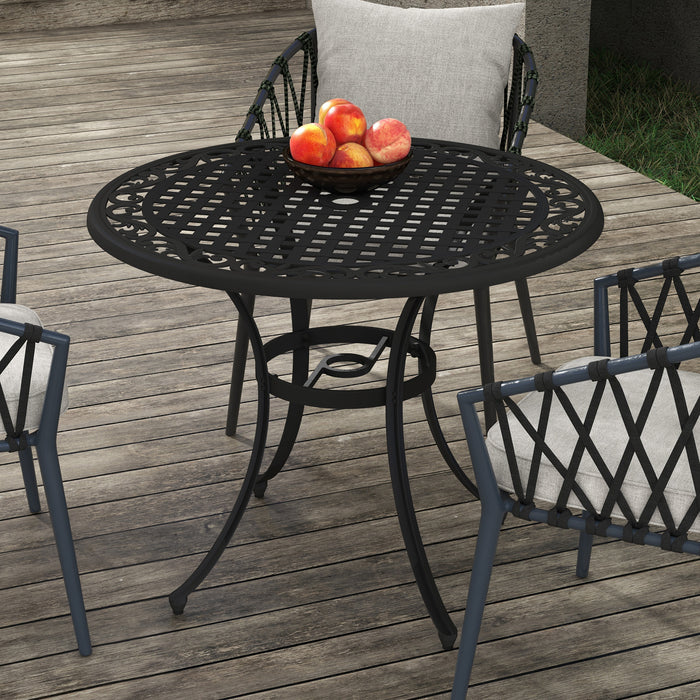 Elegant Cast Aluminium 90cm Round Garden Dining Table - Features Parasol Hole for Shaded Outdoor Meals - Perfect for Balcony Seating 2-4, Black Finish