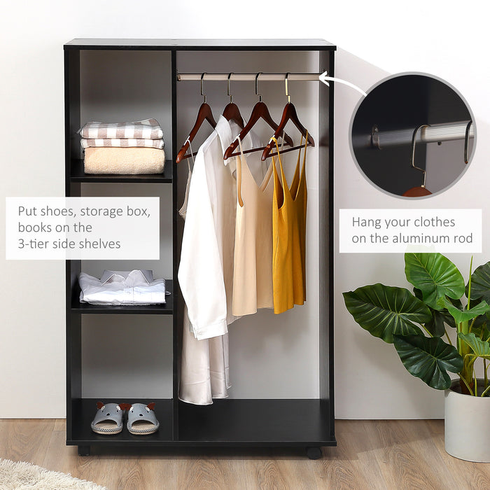 Rolling Open Wardrobe - Hanging Rail and Storage Shelves for Bedroom Organization - Perfect for Space-Saving & Easy Mobility in Black