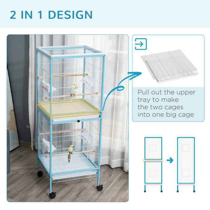 Large 2-in-1 Aviary Bird Cage with Wheels - Ideal for Finches, Canaries, Budgies - Includes Slide-out Trays, Wood Perch, and Food Containers