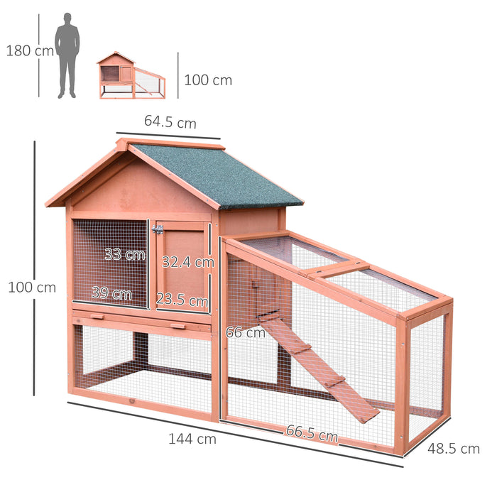 2 Tier Rabbit Hutch with Ramp - Solid Wood Bunny House, Water-Resistant Asphalt Roof, Sliding Tray, 144x64.5x100 cm, Red/Brown - Ideal for Small Pet Security and Comfort