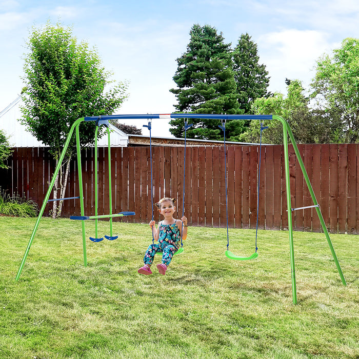 Metal Swings and Seesaw Combo - Double Seat, Height Adjustable, Durable Outdoor Playset for Kids - Perfect for Toddlers Aged 3+ in Backyards, Green