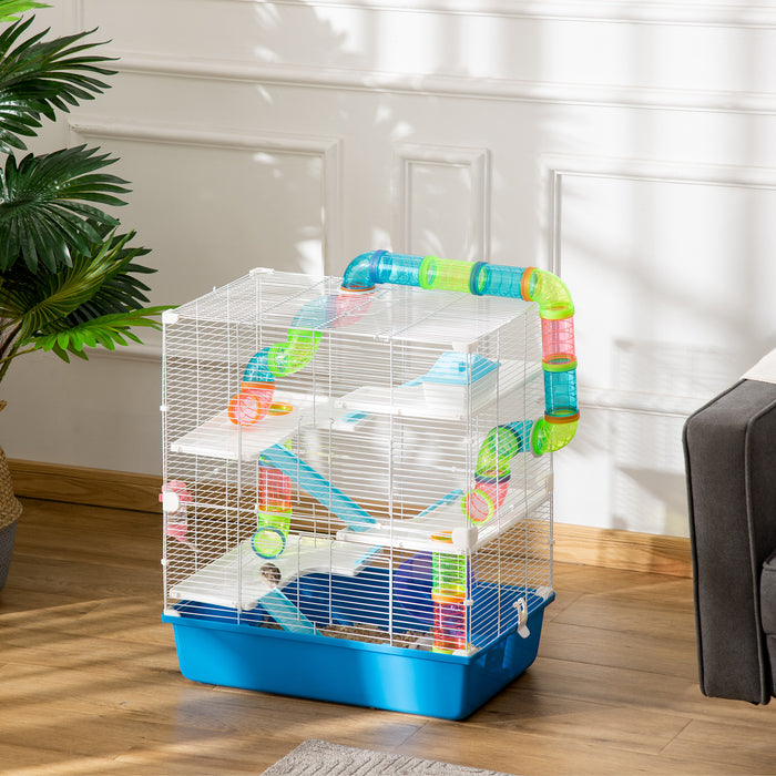 5-Level Gerbil Haven Cage - Spacious Multi-Storey Hamster Home with Tunnel Tubes, Water Bottle & Exercise Wheel - Ideal for Small Rodents with Ramps, 59x36x69 cm, Blue