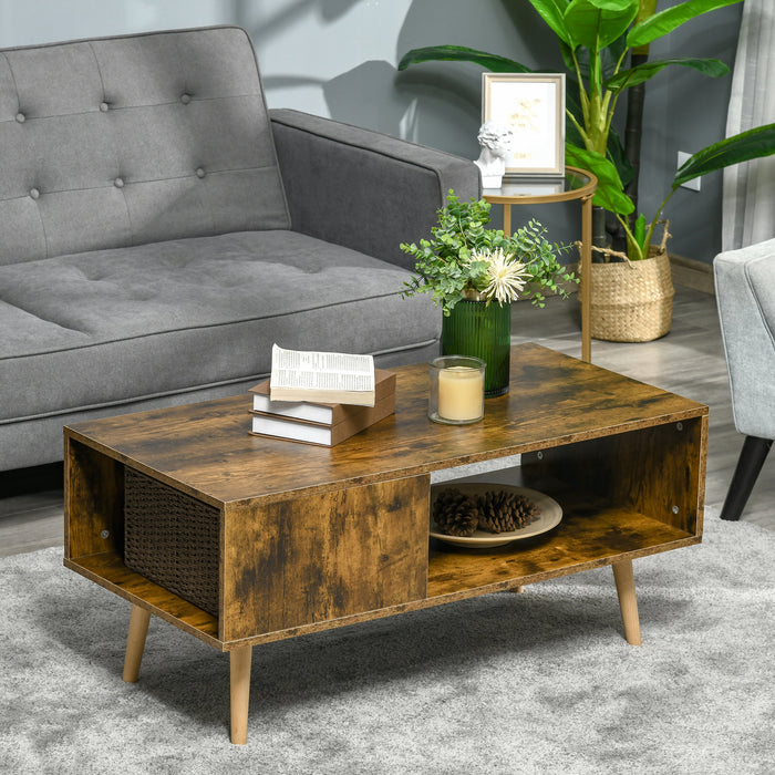 Open Shelf Coffee Table - Retro Cocktail Table with Solid Wood Legs, Rustic Brown Finish - Stylish Living Room Furniture with Storage Space