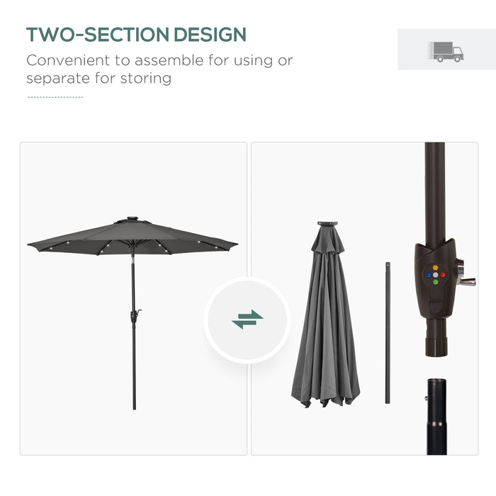 Garden 24 LED Light Umbrella - Outdoor Tilting Sunshade with Energy-Efficient LEDs for Patio & Events - Manual Operation with Hand Crank, Ideal for Parties and Clubs, Grey Color