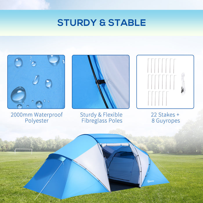 Family Tunnel Tent for 4-6 People - Two-Bedroom Camping Shelter with UV Protection, Ideal for Hiking and Outdoors - Blue/White Sunshade for Group Adventures