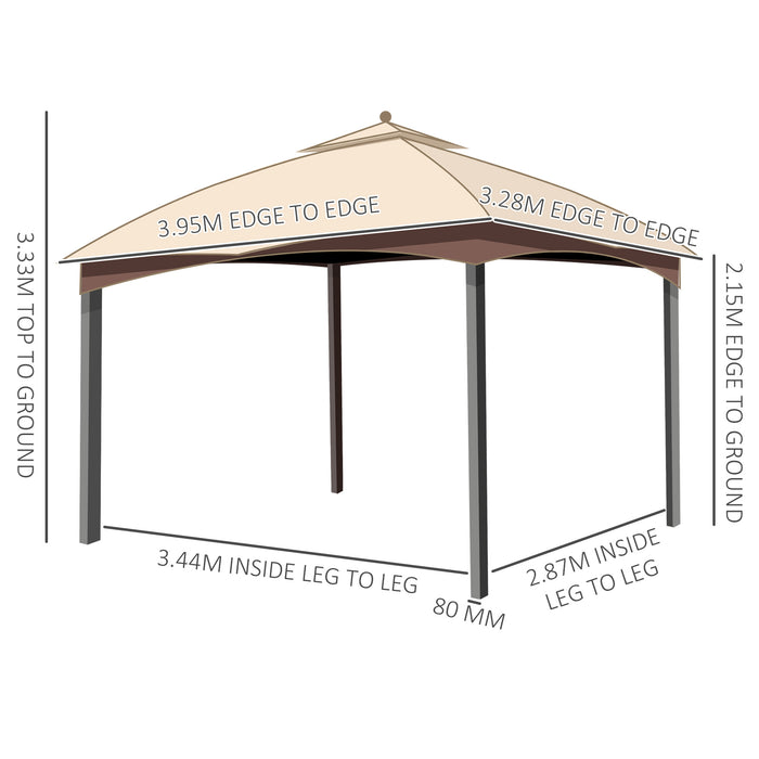 4 x 3m Patio Gazebo - Double Tier Roof Garden Canopy Shelter with Removable Netting and Curtains - Ideal for Lawn and Poolside Relaxation, Khaki Color