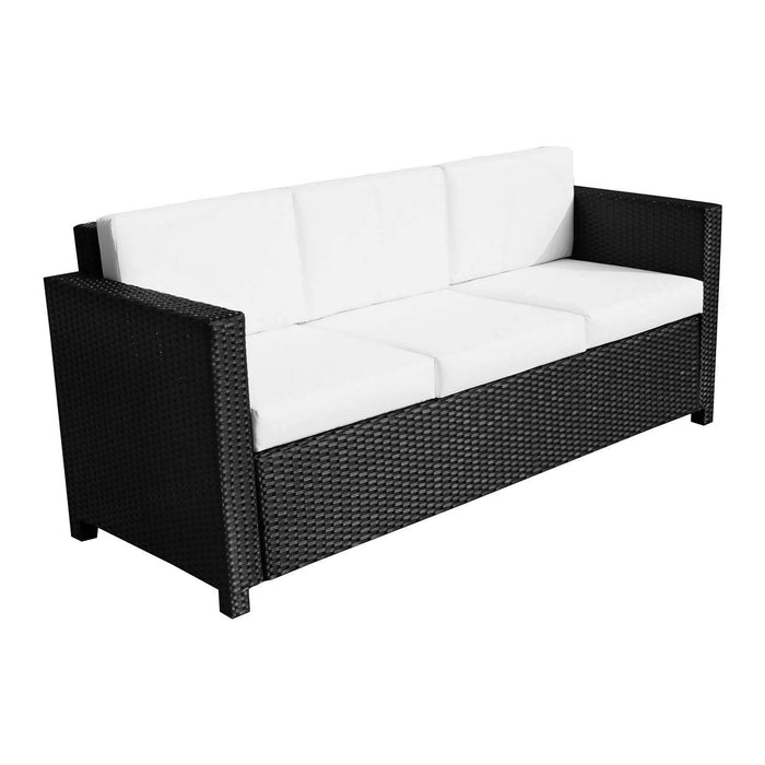 All-Weather Wicker Rattan Garden Sofa - 3-Seater Metal Frame Patio Couch with Fire-Resistant Cushions - Stylish Outdoor Seating for Deck or Porch in Black