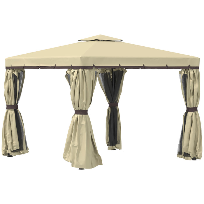 Aluminium Frame Garden Gazebo Pavilion - 3x3m Water-Resistant Double-Tier Roof with Mosquito Netting and Curtains in Beige - Ideal Outdoor Shelter for Events and Relaxation