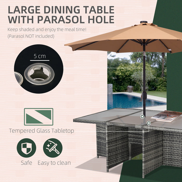 11pc Rattan Outdoor Dining Set - Patio Cube Sofa Weave Wicker Configuration with 6 Chairs, 4 Footrests, and 1 Table in Mixed Grey - Ideal for Entertaining 10 Guests in Garden Spaces