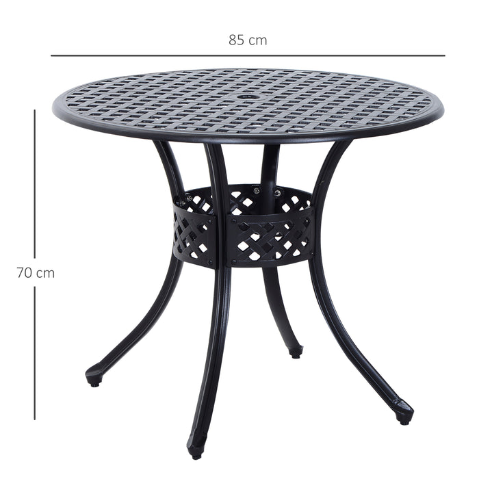 Aluminium Round Garden Table with Umbrella Hole - 85cm Grid Motif Outdoor Dining Furniture, Black - Perfect for Patio and Garden Entertainment