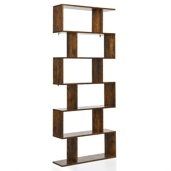 Industrial 6-Tier Wooden Bookshelf in Black - S-Shaped Design - Ideal for Organizing and Displaying Books in Home and Office Spaces