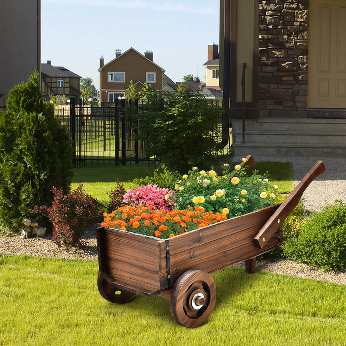 Rustic Brown Wooden Wagon - Planter Box with Wheels and Drainage Hole - Ideal Decorative Piece for Gardeners